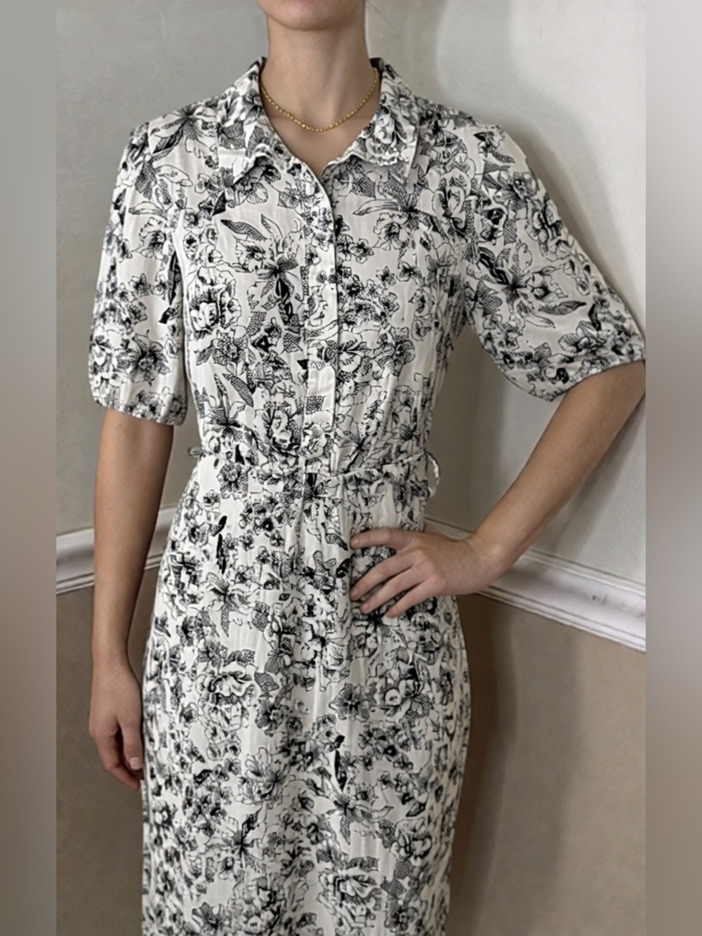 Joie belted Black & White Floral Button-Front Midi Dress 🤍